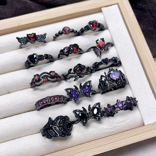 【黑金系列】甜酷风纯银戒指哥特风石榴石紫水晶黑尖晶电镀黑金