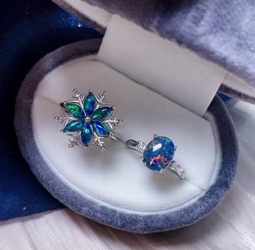 s925纯银天然澳洲欧泊雪花戒指幻彩女个性指环潮流百搭饰品可调节