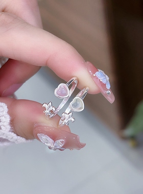 S925纯银爱心戒指鸢尾花女粉晶葡萄石轻奢小众指环冷淡风食指戒