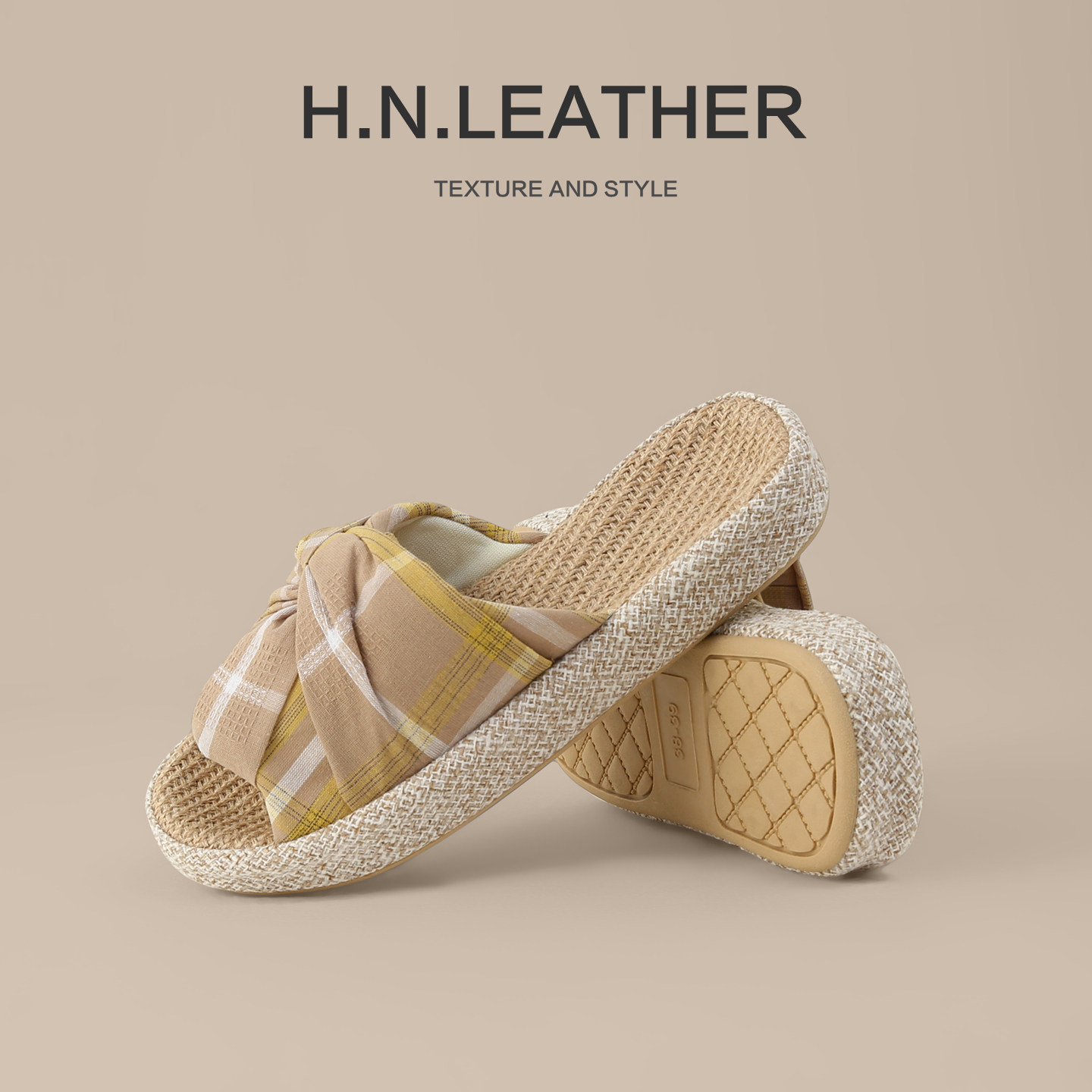 带足弓支撑防滑亚麻凉拖鞋女格子蝴蝶结家用静音透气拖鞋不臭脚款