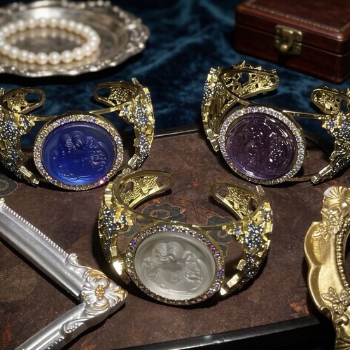 猫眼合金星星锆石镶嵌手镯滴釉重工中古vintage小众轻奢复古饰品