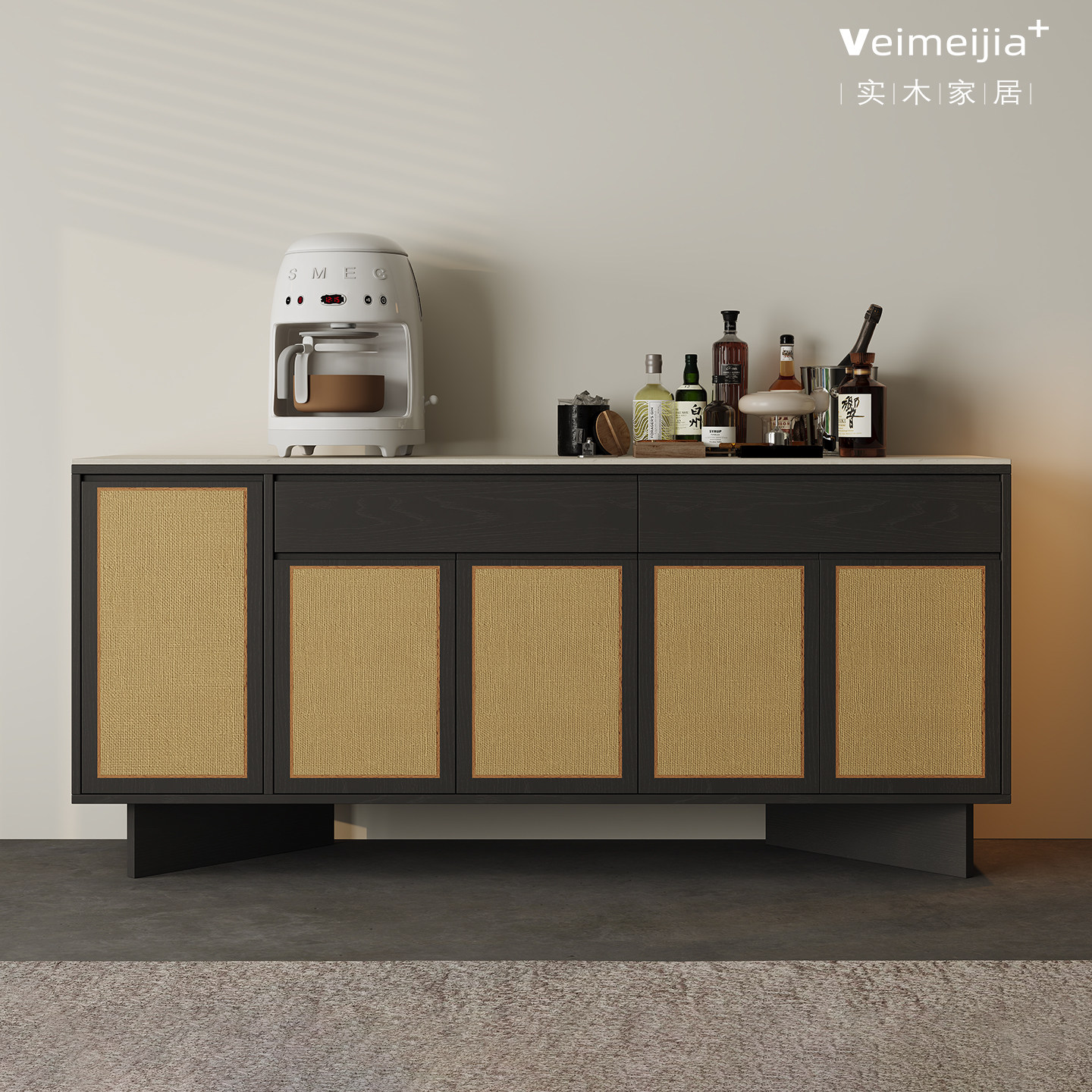 定制复古风实木餐边柜现代简约藤编门板储物柜客厅收纳柜大容量,住宅家具,餐边柜,淘宝优惠券,粉丝福利购,淘宝优惠卷