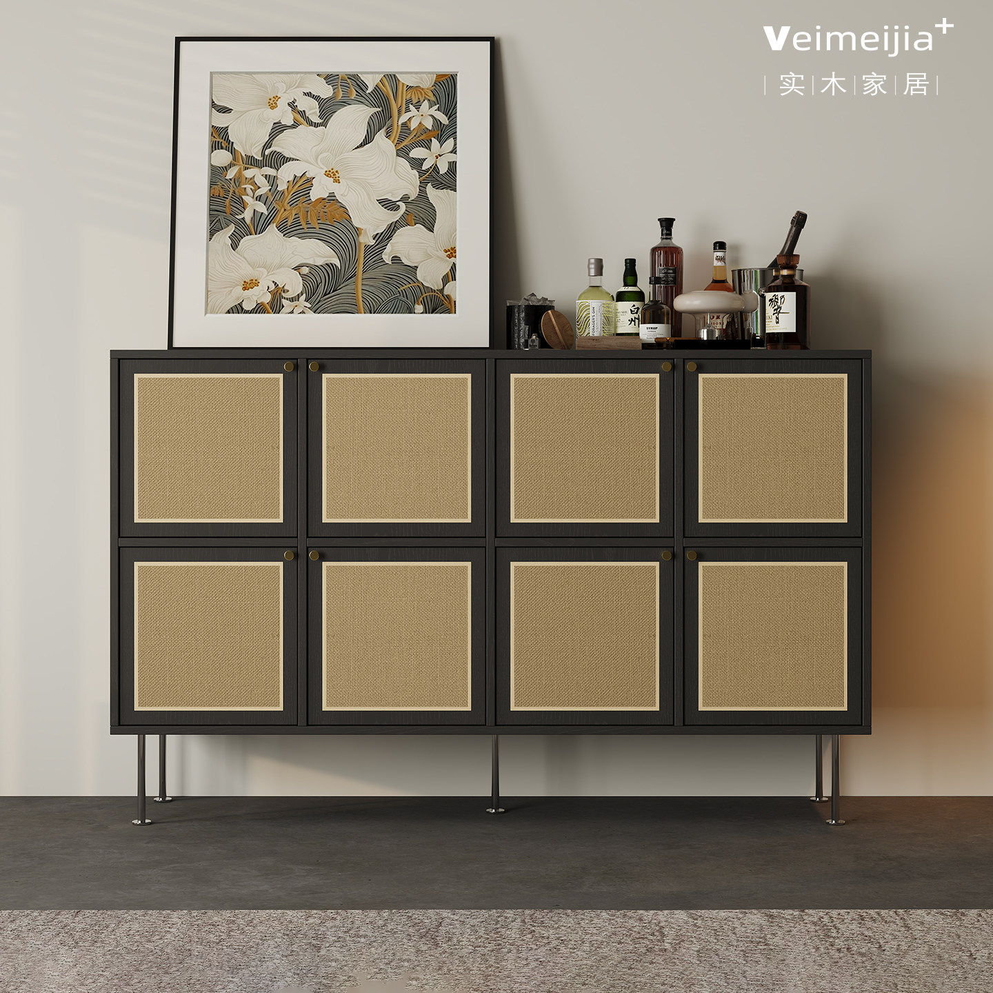 复古风实木简约现代编织纹九斗柜客厅储物柜黑色金属腿收纳柜,住宅家具,斗柜,淘宝优惠券,粉丝福利购,淘宝优惠卷