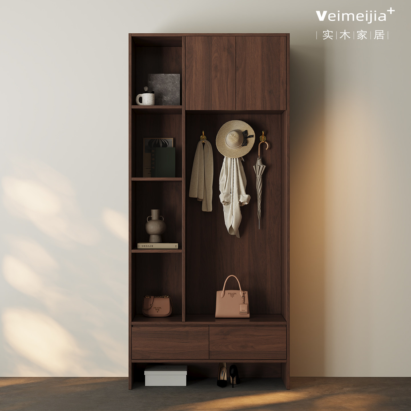 定制中古风实木玄关柜胡桃木色储物柜现代简约收纳柜大容量落地式