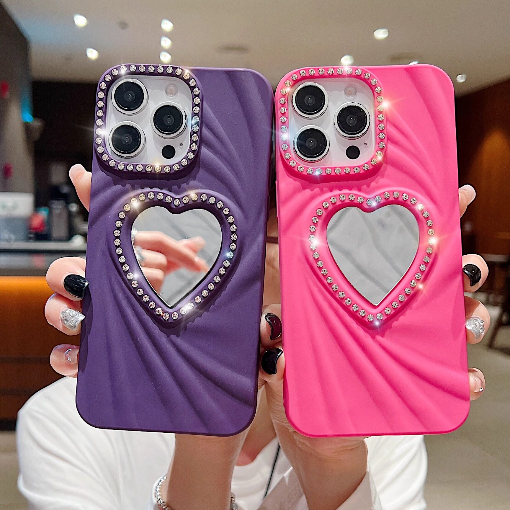 适用于苹果16promax新款爱心镜子高级感15proma手机壳x女款iphone12边框水钻全包边框11/13ipho