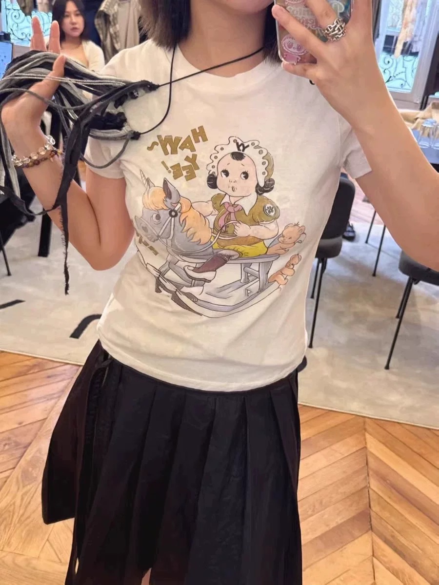 韩系小众26早春新款 骑木马的可爱小女孩印花短袖T恤上衣女