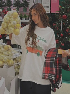 韩系ins风圣诞主题T恤女 米奇开车印花宽松显瘦白色纯棉短袖