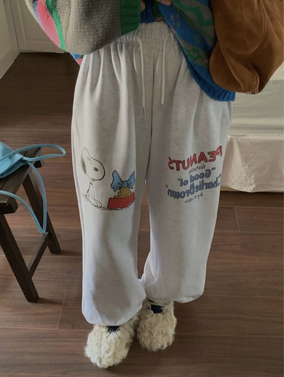 韩国东大门同款史努比卡通印花灰色卫裤女宽松束脚休闲裤运动裤