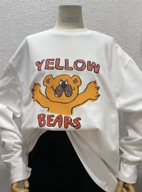 韩系手绘风黄色小熊印花长袖T恤女 韩系chic宽松显瘦白色上衣秋