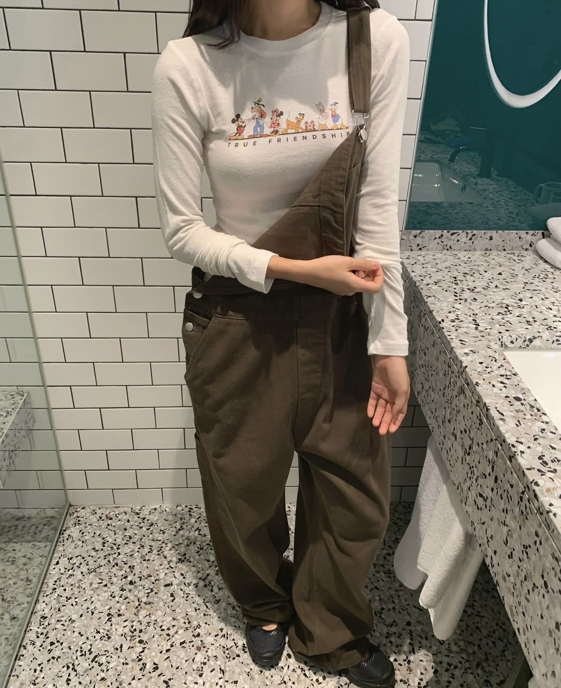 韩系东大门复古卡通白色紧身长袖上衣女百搭圆领印花打底T恤