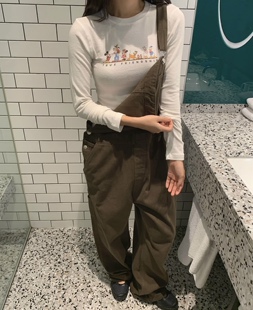 韩系东大门复古卡通白色紧身长袖上衣女百搭圆领印花打底T恤