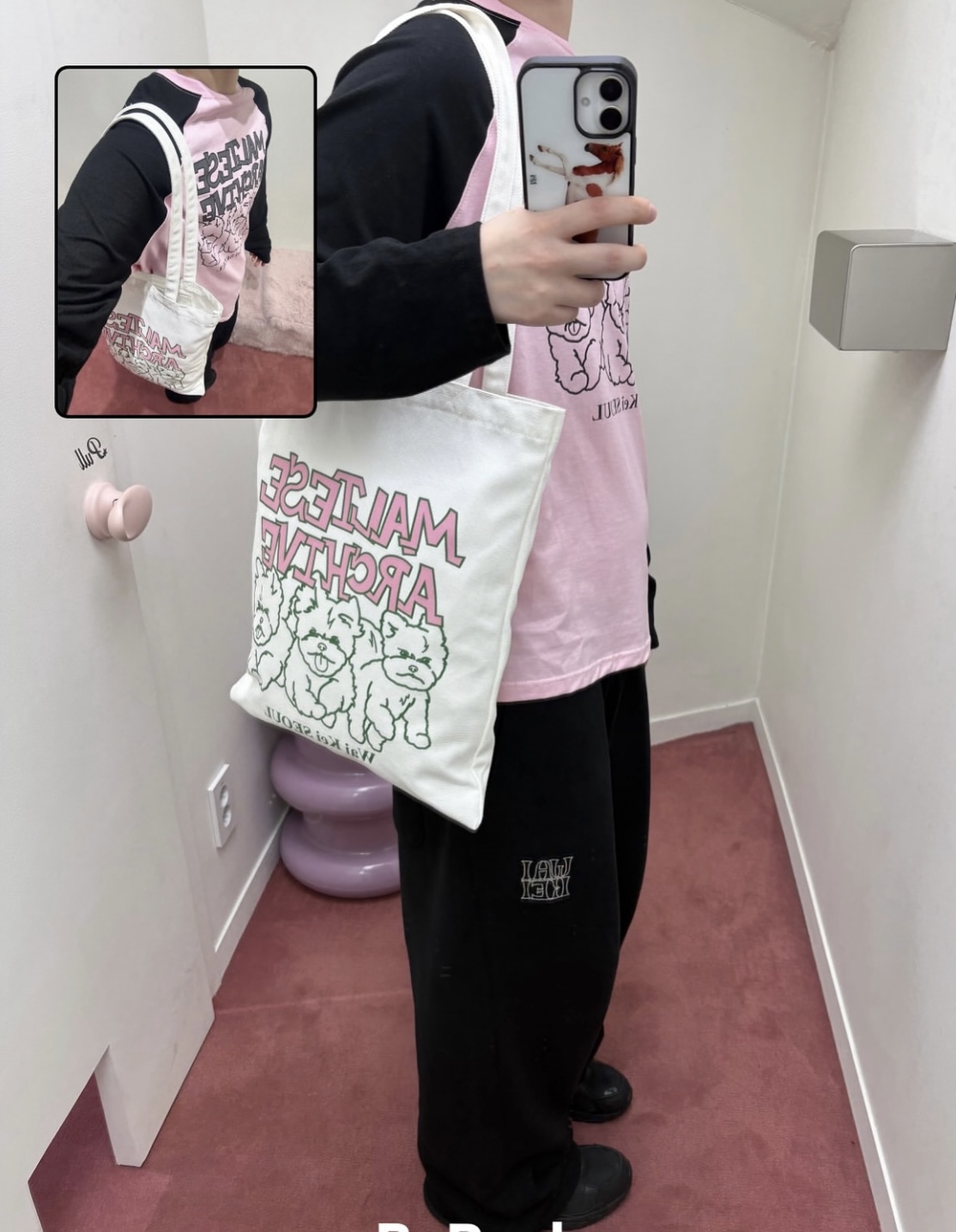 韩系同款卡通可爱减龄狗狗印花白色帆布包女大容量单肩包