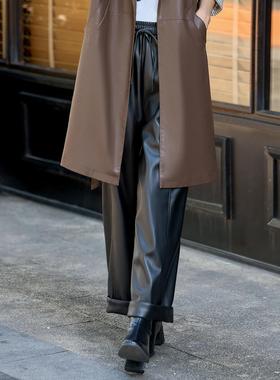 黑色松紧腰九分皮裤女2025秋季流行新款显瘦直筒裤洋气通勤休闲裤