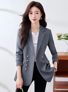 灰色长袖西装外套女春秋季2025新款修身气质休闲西服上衣