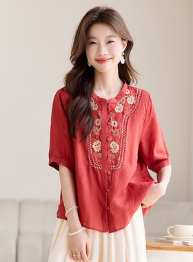 新中式国风红色苎麻衬衫女高级感轻奢超好看复古刺绣上衣洋气减龄
