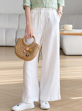 棉麻风白色休闲裤女2025新款夏季中年妈妈天然苎麻宽松百搭阔腿裤