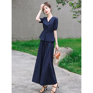 时髦洋气收腰棉麻阔腿裤 女2025夏新款 两件套 V领休闲气质套装 时尚