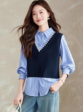 假两件蓝色条纹衬衫女士2025新款春秋法式宽松上衣设计感小众衬衣