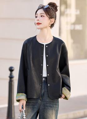 黑色国风皮衣外套女短款2025春秋新款小个子休闲气质复古夹克上衣