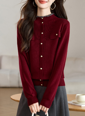 小香风红色针织衫女秋冬2025新款高级感复古慵懒风毛衣打底衫上衣