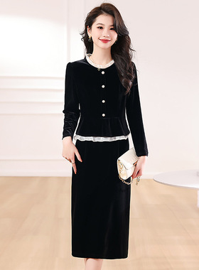 黑色丝绒连衣裙女长袖2025新款春秋季高端气质名媛假两件包臀裙子