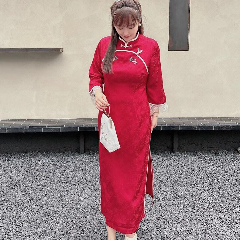 31705秋季新款国风新中式少女年轻款复古红色文艺大码连衣裙旗袍