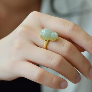 天然正品和田玉且末蓝貔貅戒指女款玉石指环女款可调节精致礼物