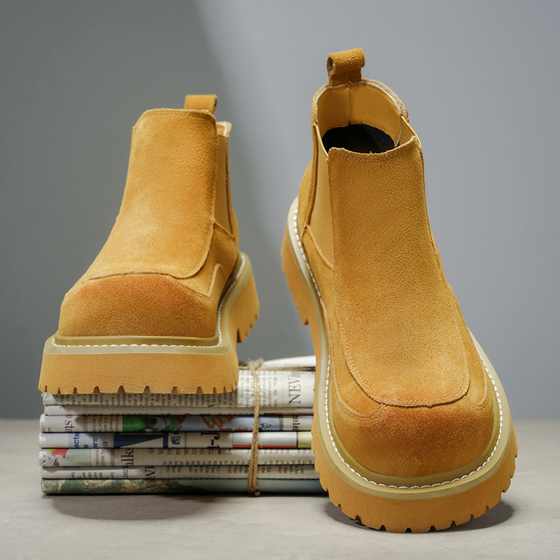 马丁靴男秋冬高帮英伦风复古短靴户外登山一脚蹬运动套脚大黄靴子