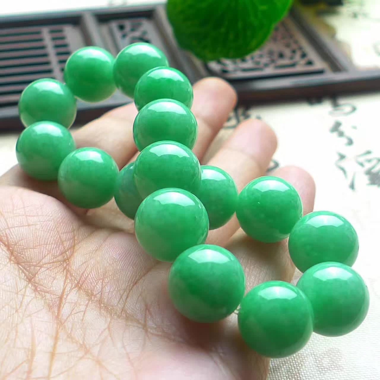 翡翠满绿手链天然缅甸阳绿圆珠佛