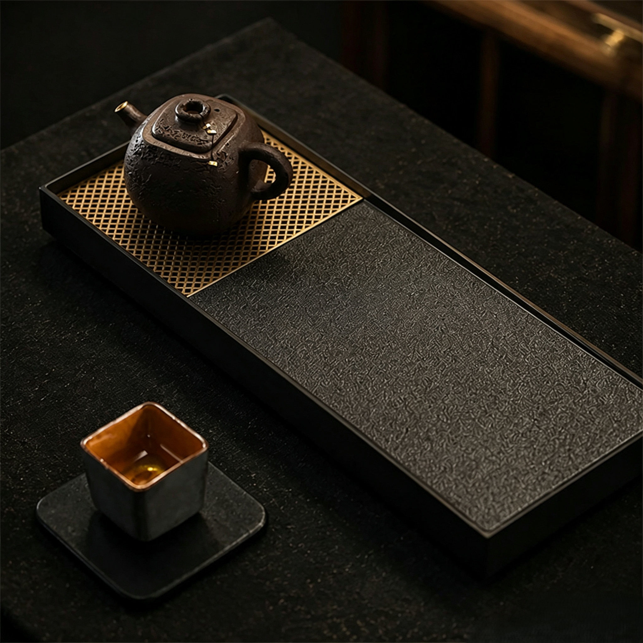 天然乌金石高端精致黄铜茶盘图片