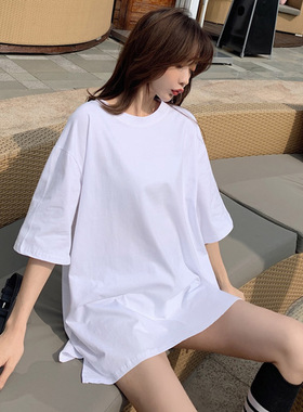 港风棉质白色七分袖T恤女短袖韩版超火cec宽松夏季新款中长款上衣