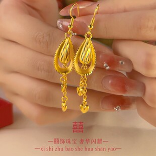 新款国风仿真黄金镀金凤凰结婚长款耳环新娘无耳洞可换耳夹假三金