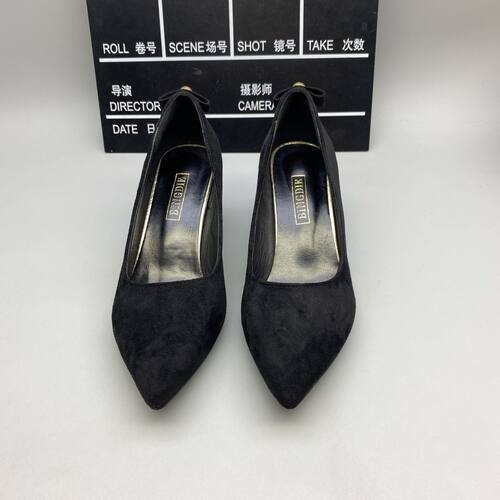 36码绒面尖头粗跟单鞋女后跟蝴蝶结浅口舒适通勤百搭气质女AA61