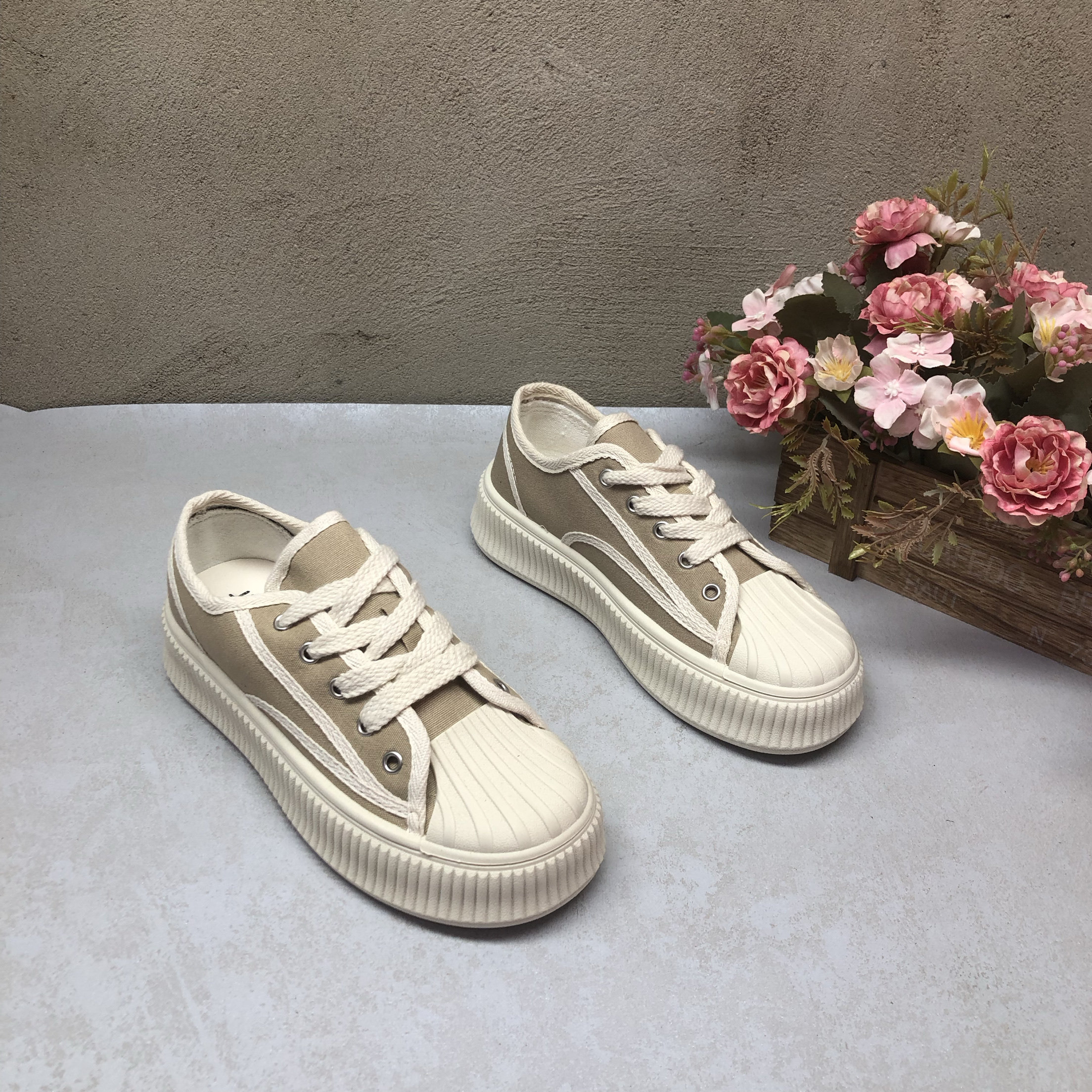 品牌2195厚底系带织物贝壳头舒适系带休闲运动板鞋女防滑软底