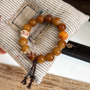 有野青青「半壁廊檐」原创设计花皮渐变菩提根手串鹿角琥珀珠文玩