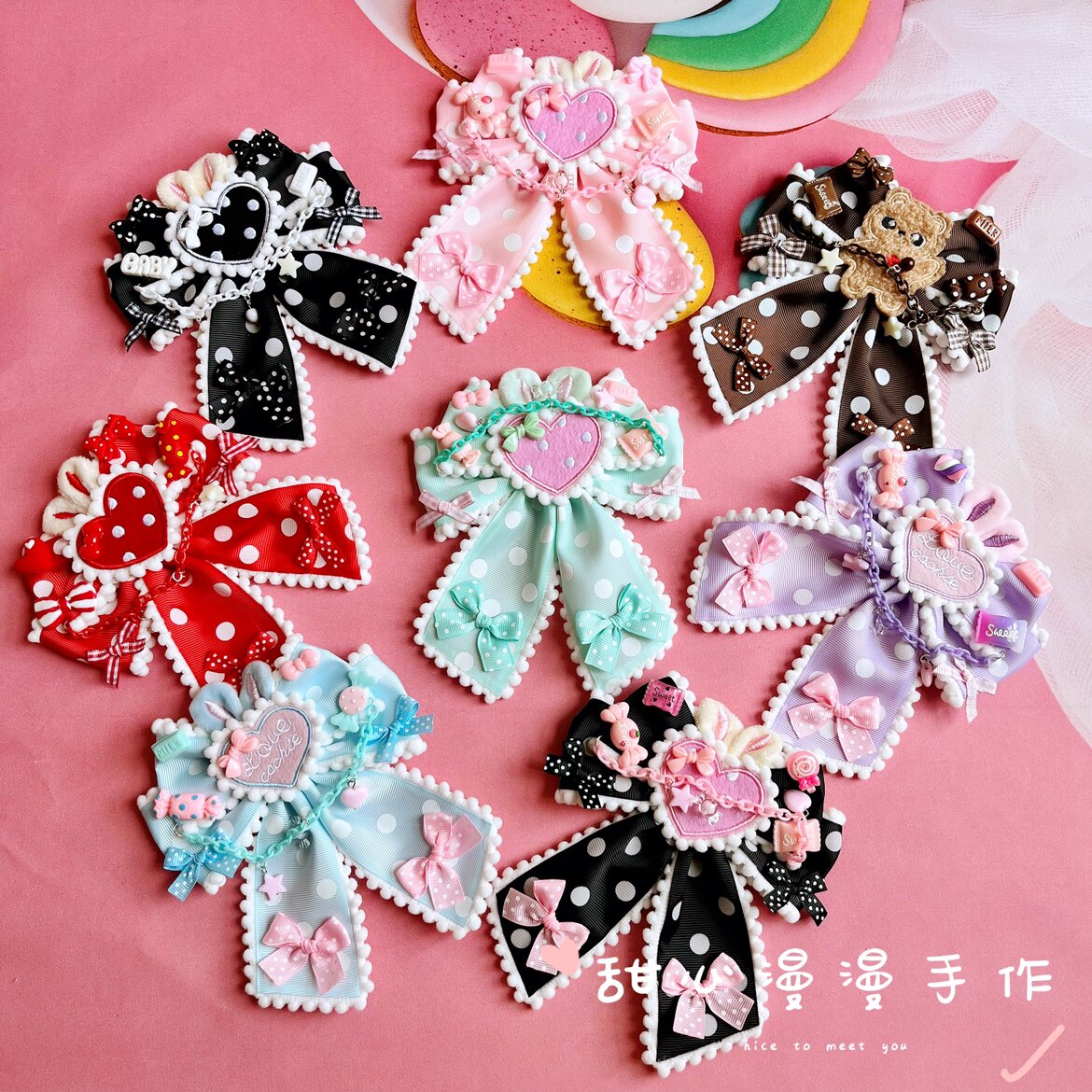 原创手作lolita徽章呲甜大蝴蝶领结胸针洛丽塔发饰jk马尾夹腰饰