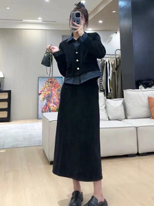 法式复古气质套装女秋高级感牛仔拼接假两件外套高腰半身裙两件套