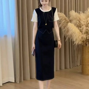 裙两件套 夏季 搭配一整套女夏设计感时尚 撞色假两件短袖 T恤显瘦裤