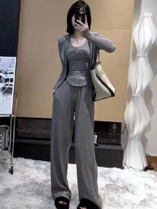 欧货休闲运动套装女秋季韩版连帽开衫吊带背心高腰阔腿裤三件套潮