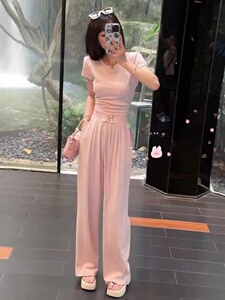 欧货休闲运动套装女夏高级感亮钻短款上衣高腰休闲裤洋气两件套潮