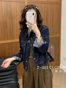 港味复古时尚气质牛仔外套女秋季新款韩版宽松POLO领长袖短款上衣