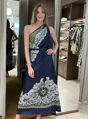 蓝色印花桑蚕丝连衣裙 无袖单肩斜肩真丝 La Double J 2026春款