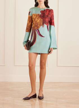 桑蚕丝长袖短款迷你连衣裙 浅绿色印花真丝 La Double J 2026春季