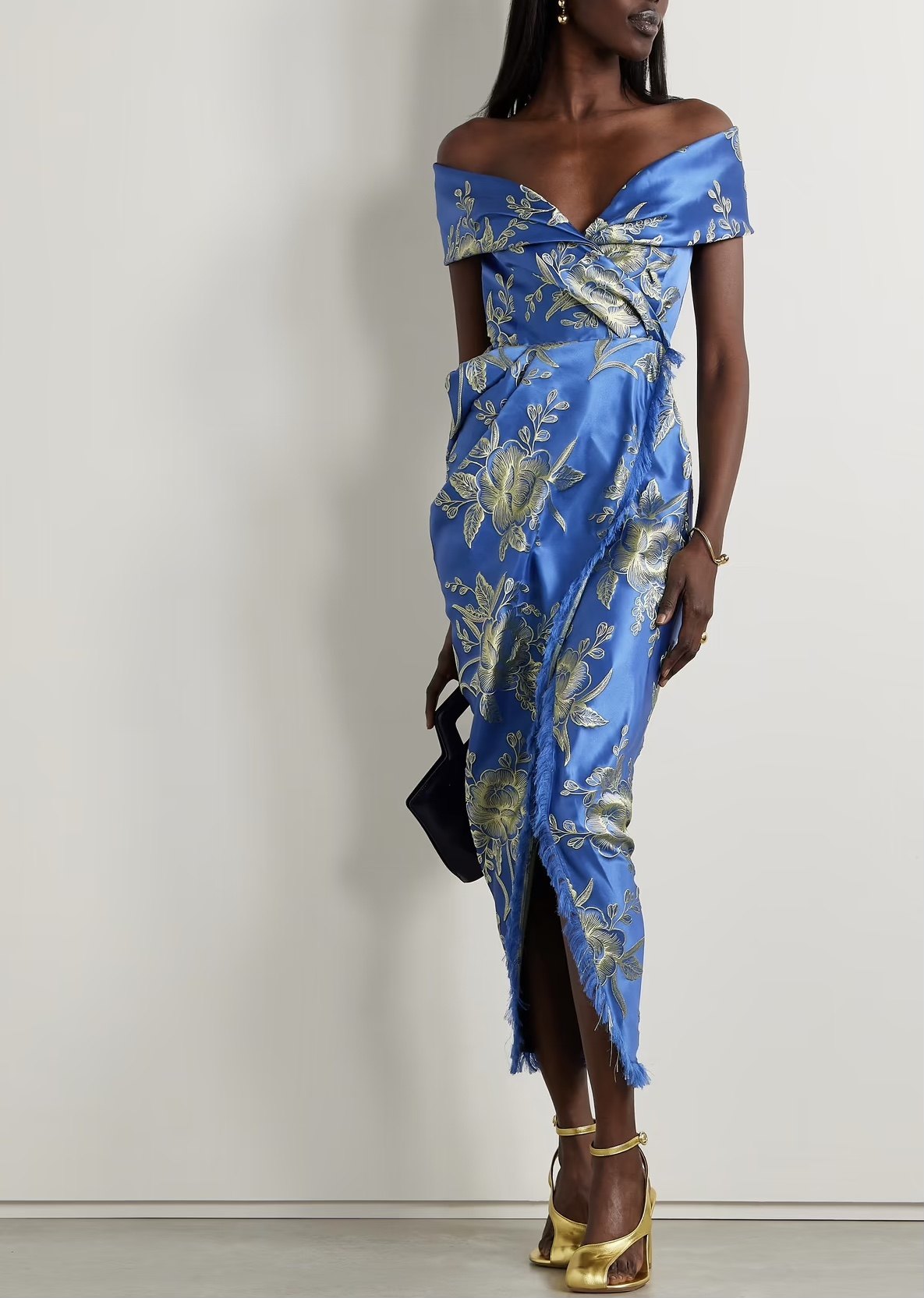 大v领短袖连衣裙丝绸缎面刺绣绣花开衩晚礼服裙 etro艾绰2024春夏