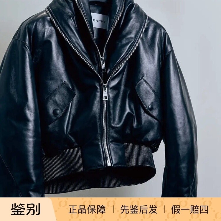 女士收腰高腰短款皮衣夹克外套黑色真皮双重帽子Givenchy纪梵希25