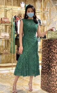 连衣裙 微弹力 蕾丝鱼尾裙 特价 修身 正品 现货可退换 绿色无袖