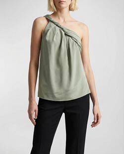 女装 2026春夏新款 Balmain巴尔曼 浅绿色单肩斜肩真丝上衣