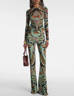 弹力修身微喇叭裤 绿色复古印花长裤 Etro艾绰2025秋季新款紧身