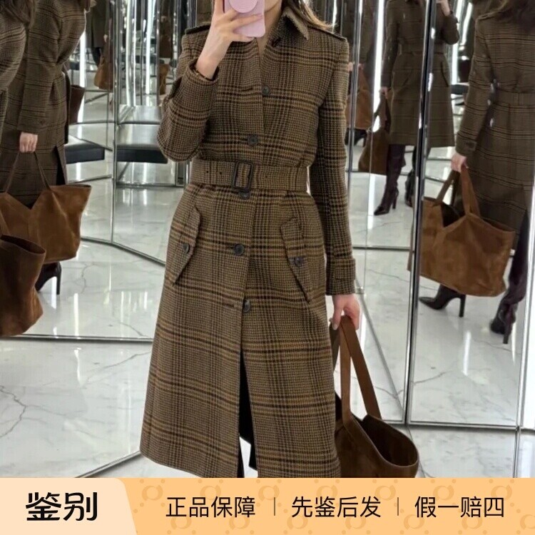 格纹大衣格子双排扣中长款毛呢外套 YSL圣罗兰2025秋冬新款棕色女