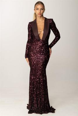 深V领长袖长款礼服裙 亮片扎染 Elisabetta Franchi Celynb 2025